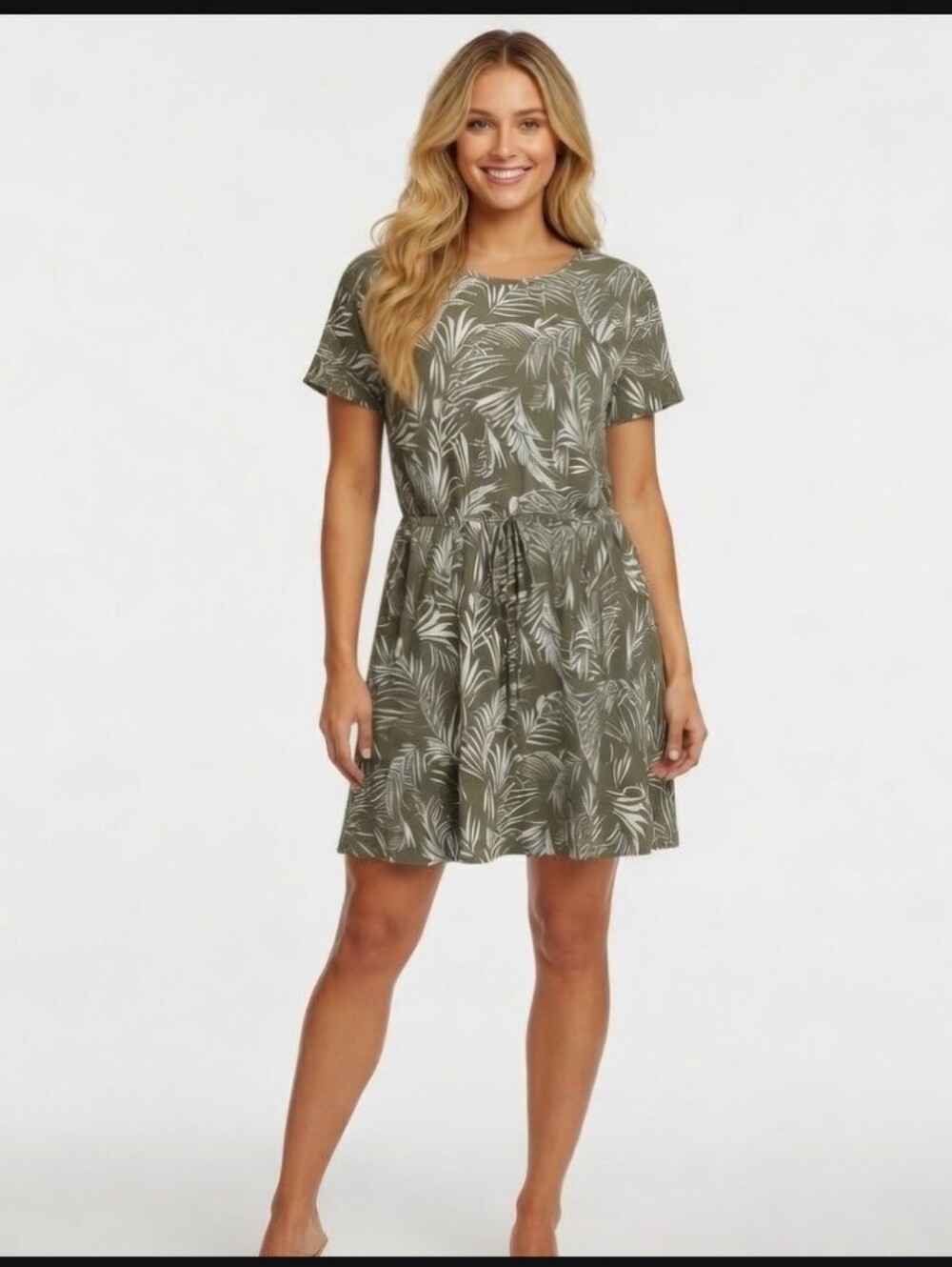 Hilary Radley Olive Green Palm-Print Tie-Waist Mini Dress (Size:xl)